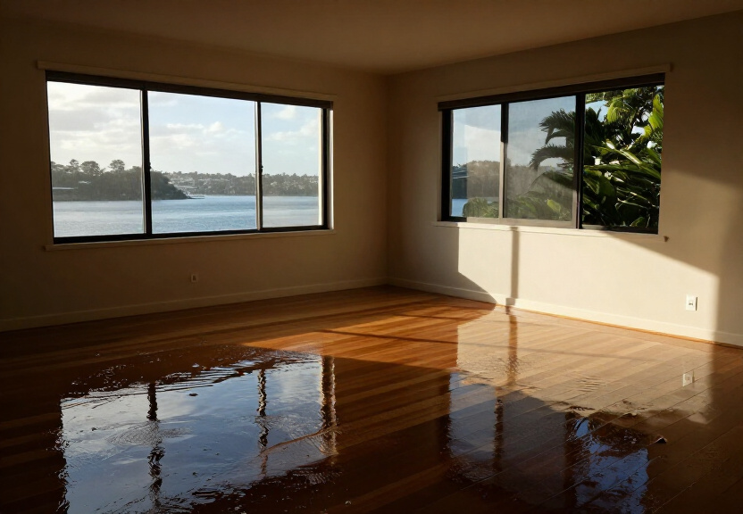 Flooded living room in Connells Point before restoration